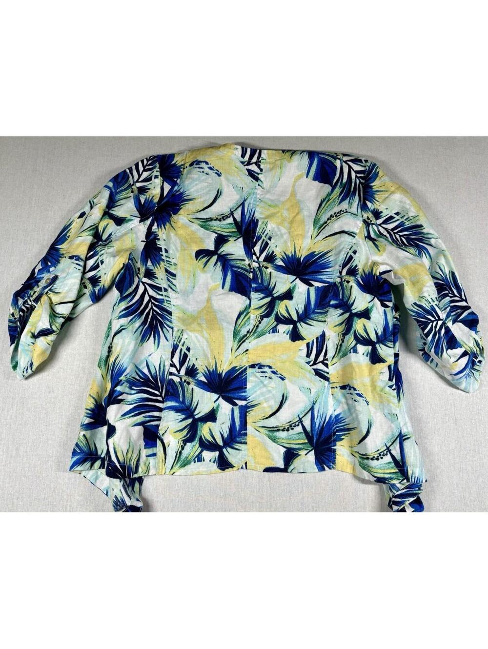 Chico's Cardigan‎ Sz 3 Women XL Blue White 100% Linen Open Front Roll Up Sleeve - Picture 9 of 11